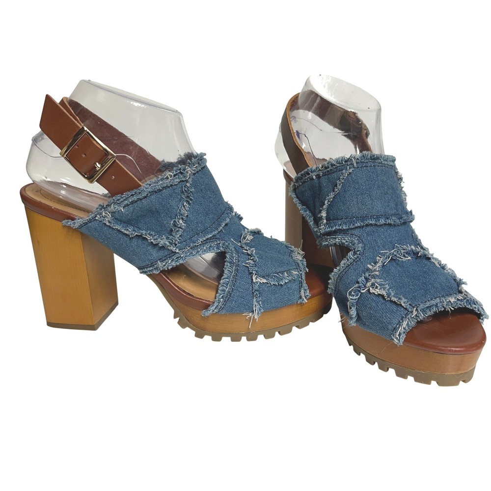 Comfort Denim Frey Chunky Heel Platform Women Wood Heel Buckle Strap Size 9 FLAW